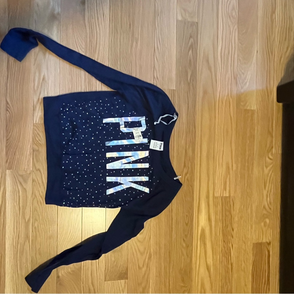 PINK Victoria's Secret Navy Holographic Logo Tee with Iridescent Studs